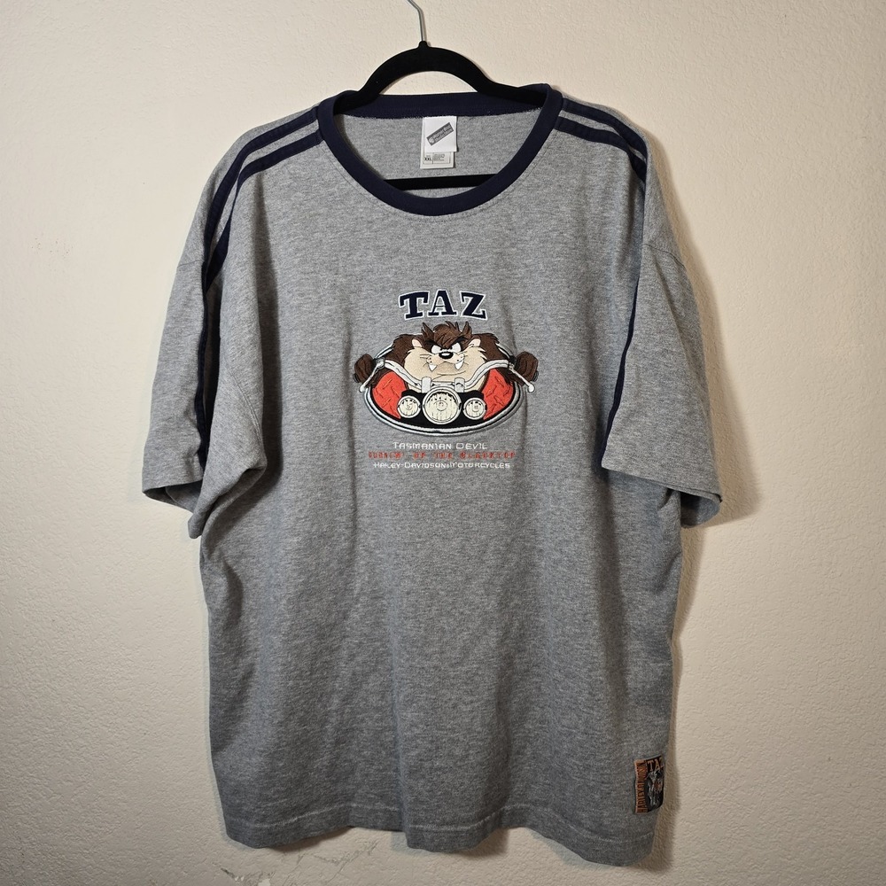 Vintage Motorcycle Embroidered Looney Tunes Taz 2001 Grey T Shirt Men's Size 2XL